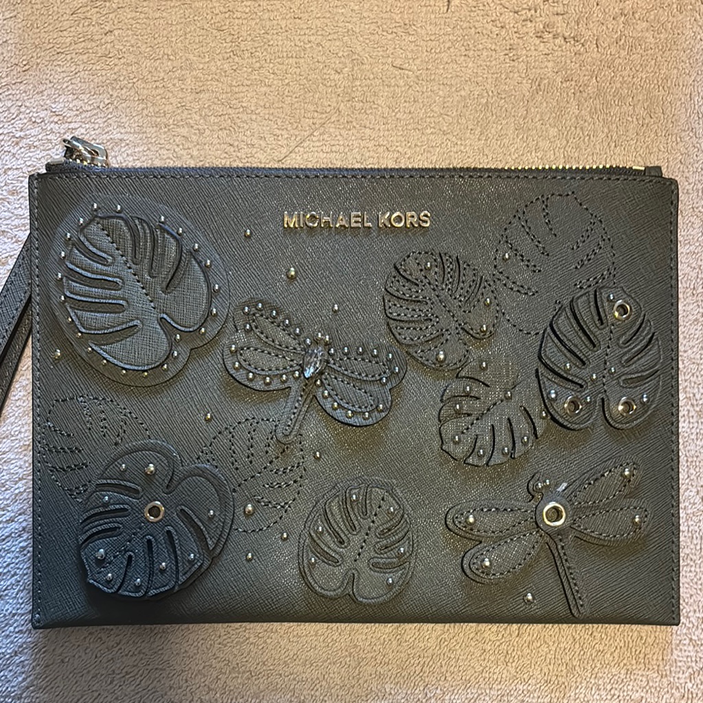 Michael Kors Gray Clutch With Tropical Leaf Design